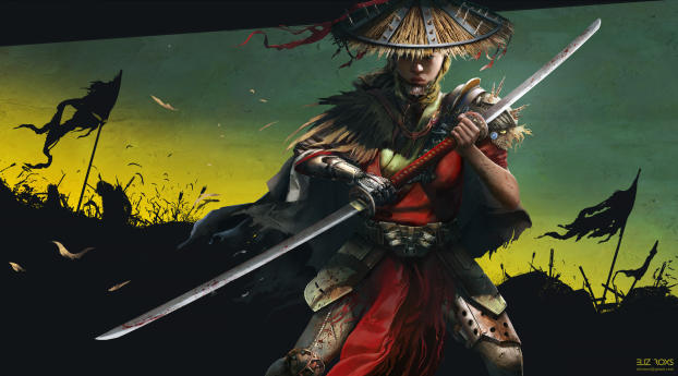 Woman Samurai Warrior with Sword Wallpaper 2048x1152 Resolution