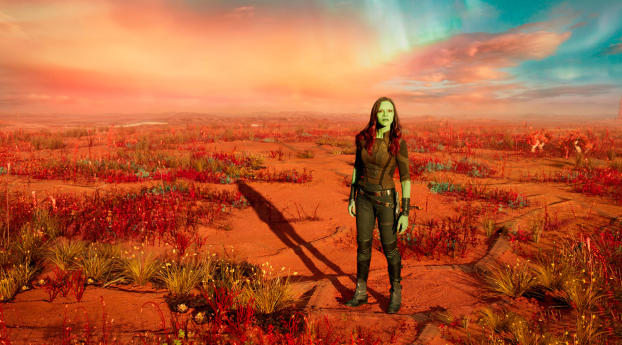 Zoe Saldana As Gamora In Guardians Of Galaxy Vol 2 Wallpaper 1360x768 Resolution